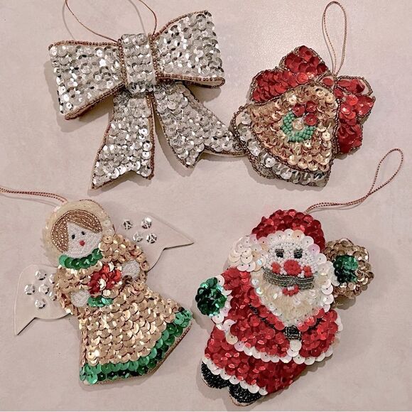 Vintage 80s Sequin Christmas Ornament Set - Picture 1 of 16